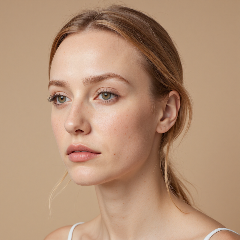 Before transformation with Odys Restorer: model’s skin showing visible dryness and dullness