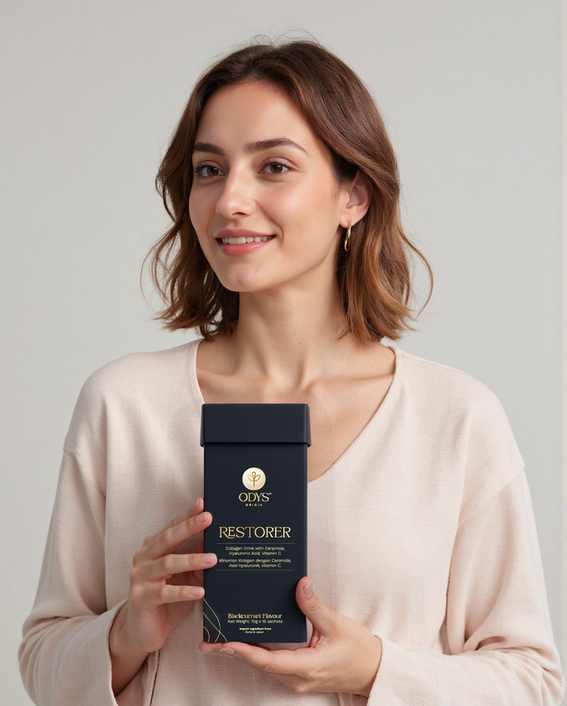  Confident woman presenting Odys Restorer collagen box for skin hydration and beauty from within